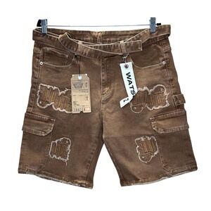Watson NWT Denim Men's Brown Cargo Shorts Distressed Logo Belt 34 Streetwear